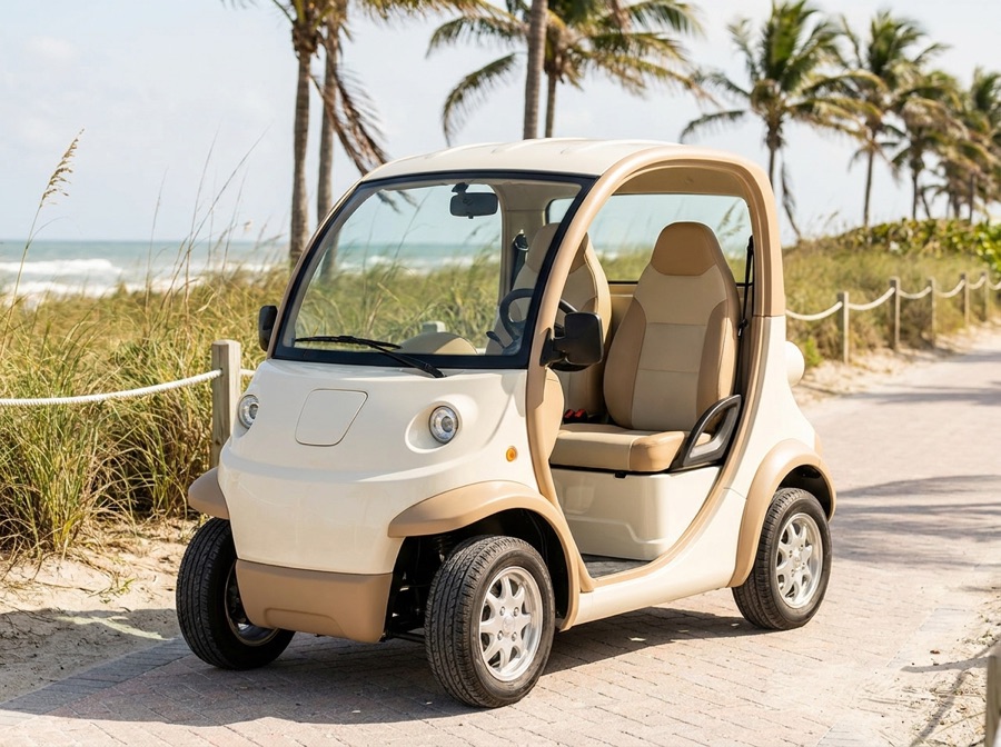 Compact cream and tan two-seat golf cart near a Florida beach