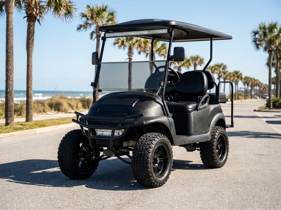 Matte black lifted street-legal golf cart with off-road tires