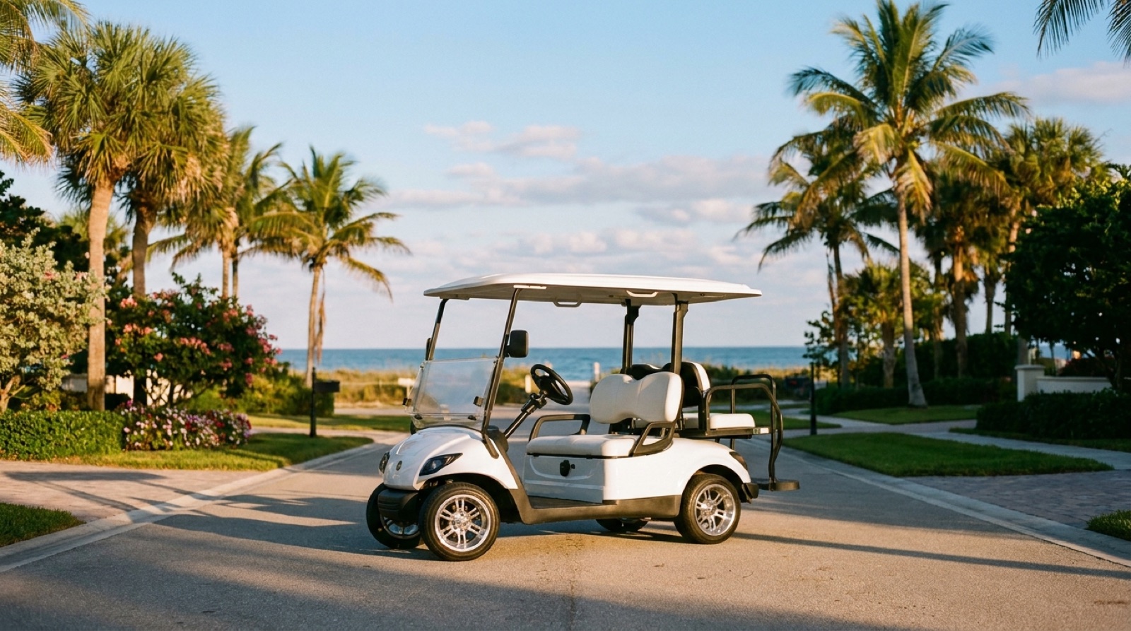 A white street-legal golf cart parked on a palm-lined coastal street in Boynton Beach at golden hour