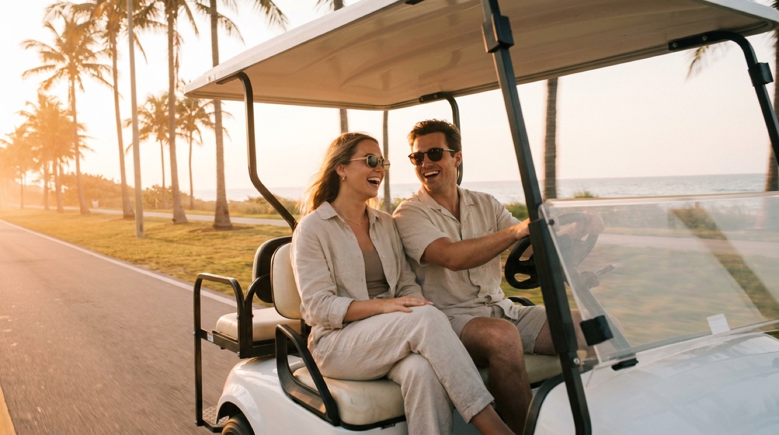 A couple riding a white golf cart along a sunny coastal road at golden hour